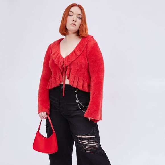 NEW CIDER RED SOLID FLUFFY BELL SLEEVE KNIT CROPPED CARDIGAN - Picture 4 of 7